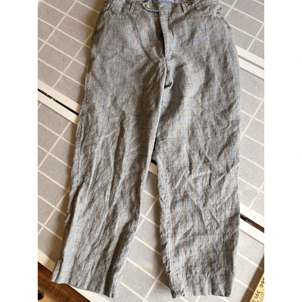 Berle Mens Linen Trousers 34x26 Plaid Check Blue Grey Flat Front Dress Pants